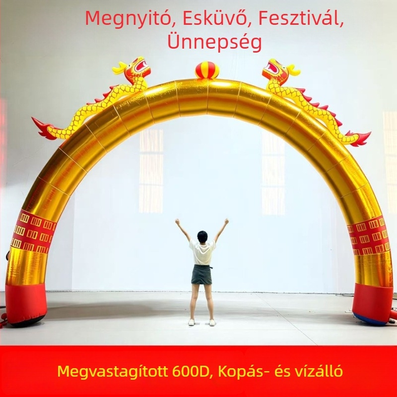 Felfújható esküvői kapu arany színű szivárvánnyal, kettős sárkány és főnix, kültéri világítás