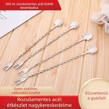 304 rozsdamentes acél koponya koktél keverőkanál – kettős felhasználás: keverés és villa