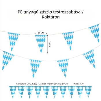 PE háromszög zászló Oktoberfestre, kék-fehér Bajor zászló, kétoldalas gravírozott nyomtatás