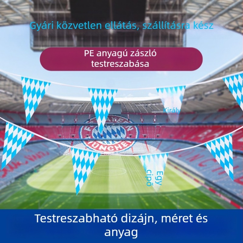 PE háromszög zászló Oktoberfestre, kék-fehér Bajor zászló, kétoldalas gravírozott nyomtatás