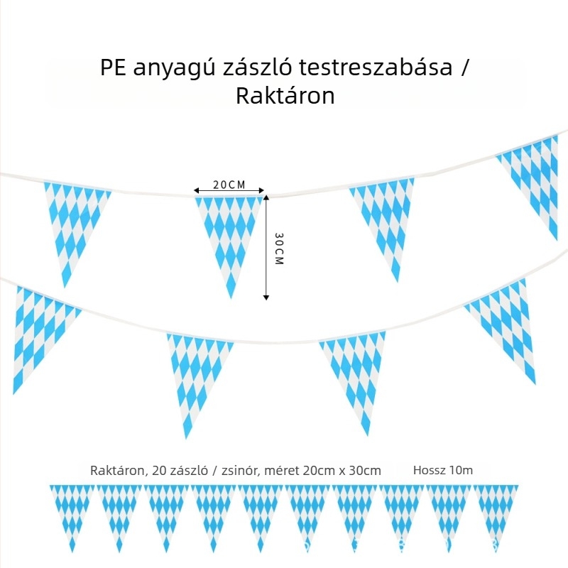 PE háromszög zászló Oktoberfestre, kék-fehér Bajor zászló, kétoldalas gravírozott nyomtatás