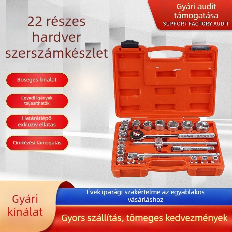 22 részes autószerelő dugókulcs-készlet és szerszámos doboz