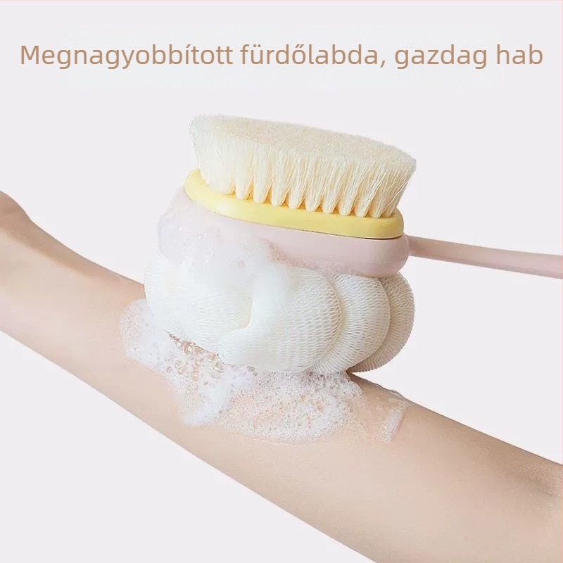 Hosszú nyelű fürdőecset, puha sörtékkel, kétoldalas testecset, 2-in-1 hátmosó és fürdőlabda