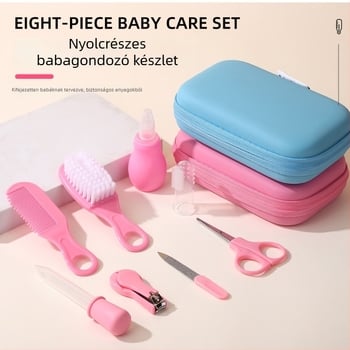 8 részes babaápolási készlet: újszülött sampon, masszázs, puha sörtéjű fésű, gyógyszeradagoló cseppentő