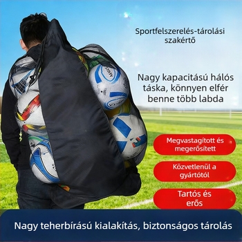 Futball, kosár és röplabda labdák tárolására szolgáló hálós táska – nagy kapacitású