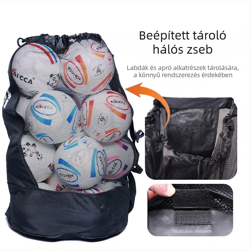 Futball, kosár és röplabda labdák tárolására szolgáló hálós táska – nagy kapacitású