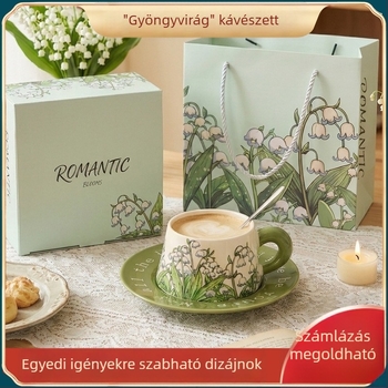 Nordic-stílusú kávéscsésze és alátét készlet, kerámia prémium, virágos mintázat, ajándékdoboz