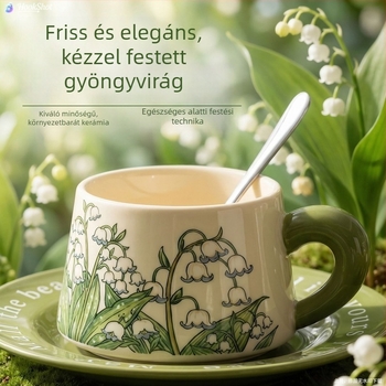 Nordic-stílusú kávéscsésze és alátét készlet, kerámia prémium, virágos mintázat, ajándékdoboz