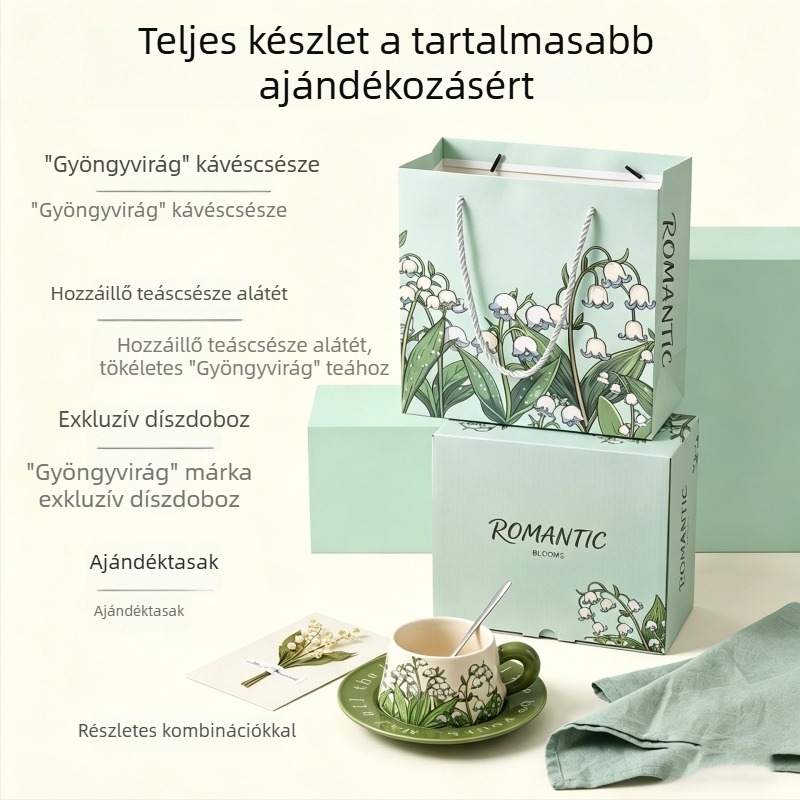 Nordic-stílusú kávéscsésze és alátét készlet, kerámia prémium, virágos mintázat, ajándékdoboz