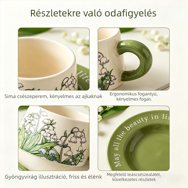Nordic-stílusú kávéscsésze és alátét készlet, kerámia prémium, virágos mintázat, ajándékdoboz