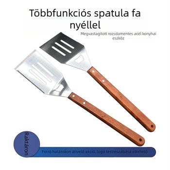 Fából készült fogantyújú kültéri grillszett: multifunkcionális serpenyőlapát és teppanyaki spatula