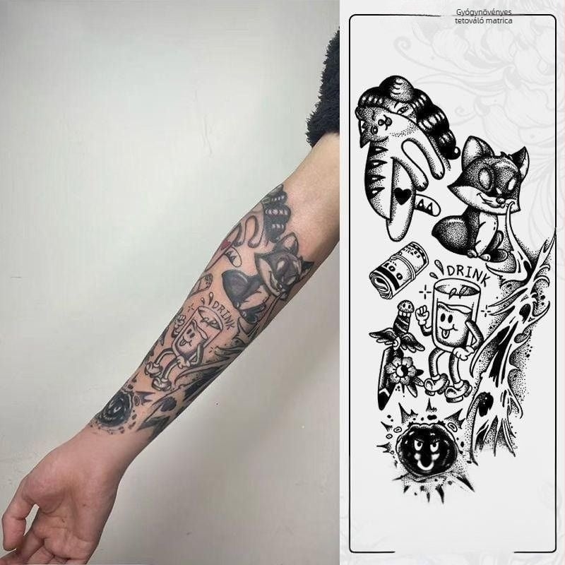 Uniszex vízálló kar-tattoo matrica sötét róka és virágos patchwork dizájnnal, motívum herbális gyümölcslé, rajzfilmszerű stílus, tartós