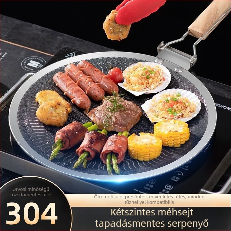 Kültéri Koreai-stílusú grill serpenyő kempingezéshez és otthoni használatra, 304 rozsdamentes acél, kettős használat indukciós főzőlaphoz