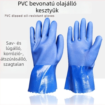 Kék PVC olajálló kesztyűk, matt felületű csúszásmentes kivitel, merített bevonatú gumikesztyűk ipari vegyi védelemhez savak és lúgok ellen.
