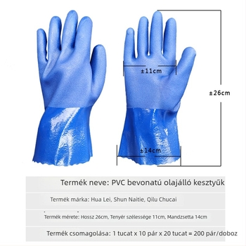 Kék PVC olajálló kesztyűk, matt felületű csúszásmentes kivitel, merített bevonatú gumikesztyűk ipari vegyi védelemhez savak és lúgok ellen.