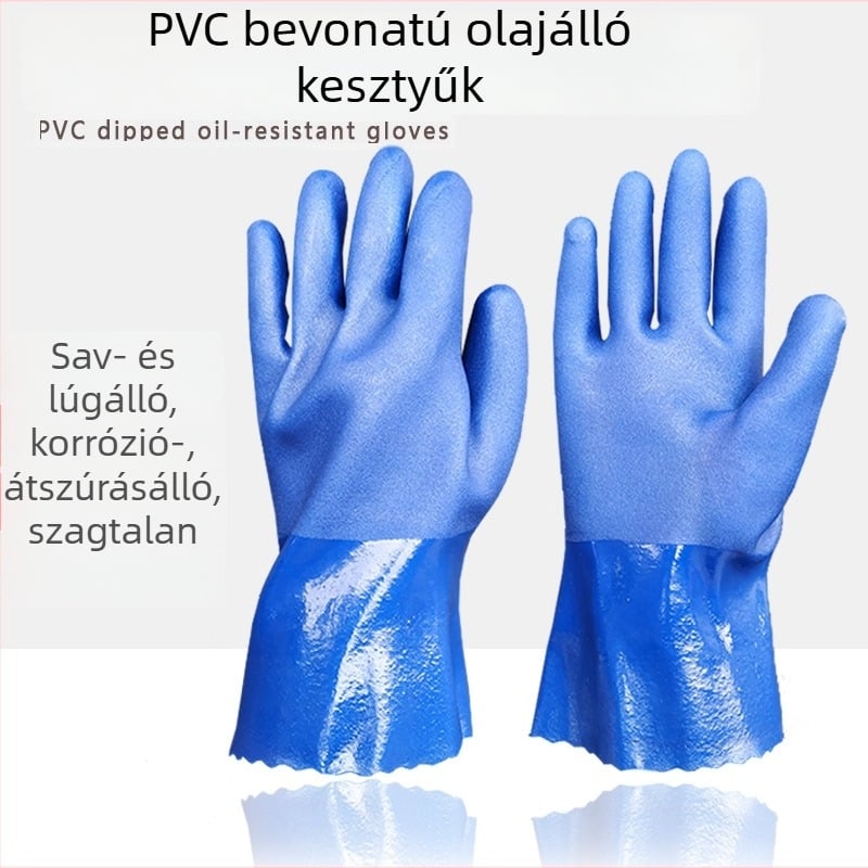 Kék PVC olajálló kesztyűk, matt felületű csúszásmentes kivitel, merített bevonatú gumikesztyűk ipari vegyi védelemhez savak és lúgok ellen.