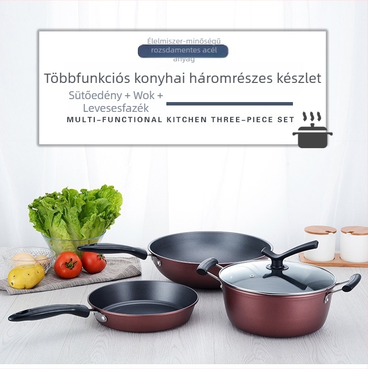 3-darabos rozsdamentes acélból készült wokkészlet: wok 32 cm, serpenyő 24 cm, fazék 24 cm üvegfedőkkel