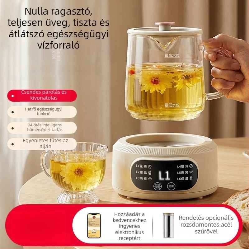 Teljes üvegű teáskanna egészséges főzéshez és forraláshoz, kompakt, többfunkciós otthonra és irodába, állandó hőmérséklet-szabályozással