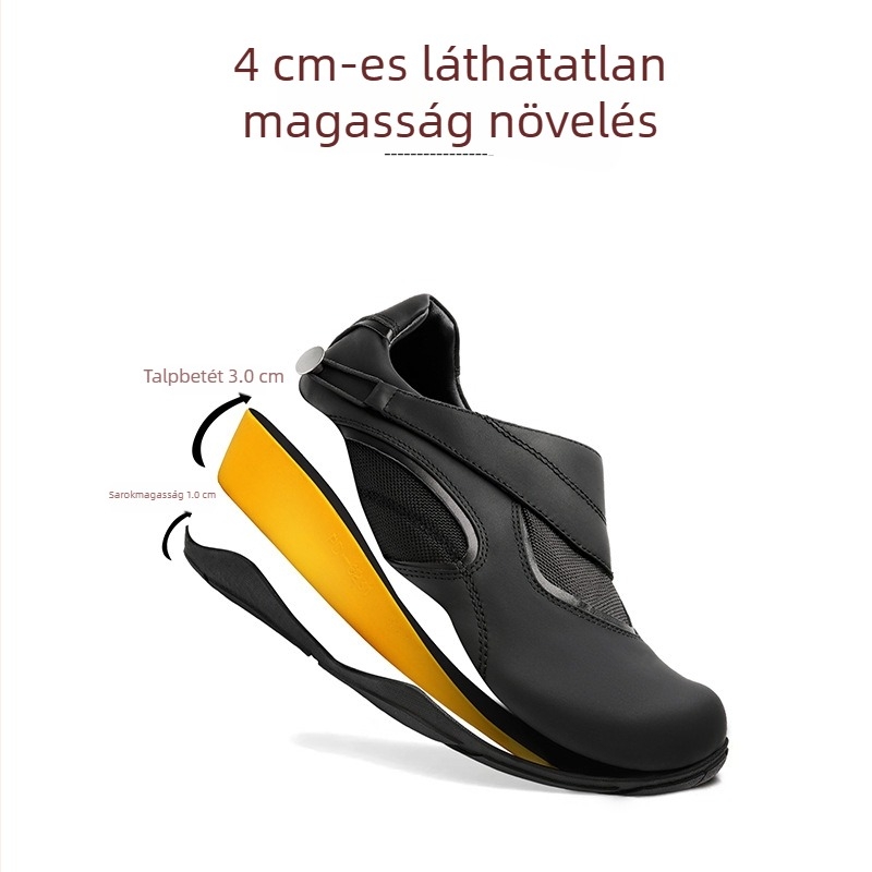 4 cm-es magasságnövelő slip-on férfi edzőcipő, német stílusú, kültéri, mindennapi, fekete