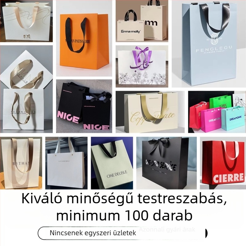 Prémium, egyedi tervezésű ajándék- és bevásárlótáska arany fólia nyomással, 250 g fehér kartonból készült csomagoló táska ruházati bolt számára
