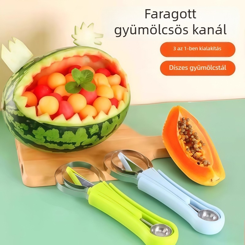 Rozsdamentes acélból készült három az egyben gyümölcs szeparáló, gömbszelet kanál és gyümölcsfaragó eszköz.