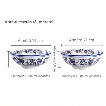 Kék-fehér porcelán mélytál, nagy kerámia tál ramenhez és nudlihoz, kínai retró stílus