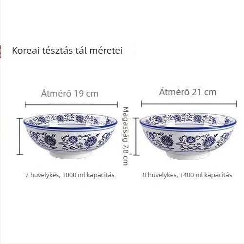 Kék-fehér porcelán mélytál, nagy kerámia tál ramenhez és nudlihoz, kínai retró stílus