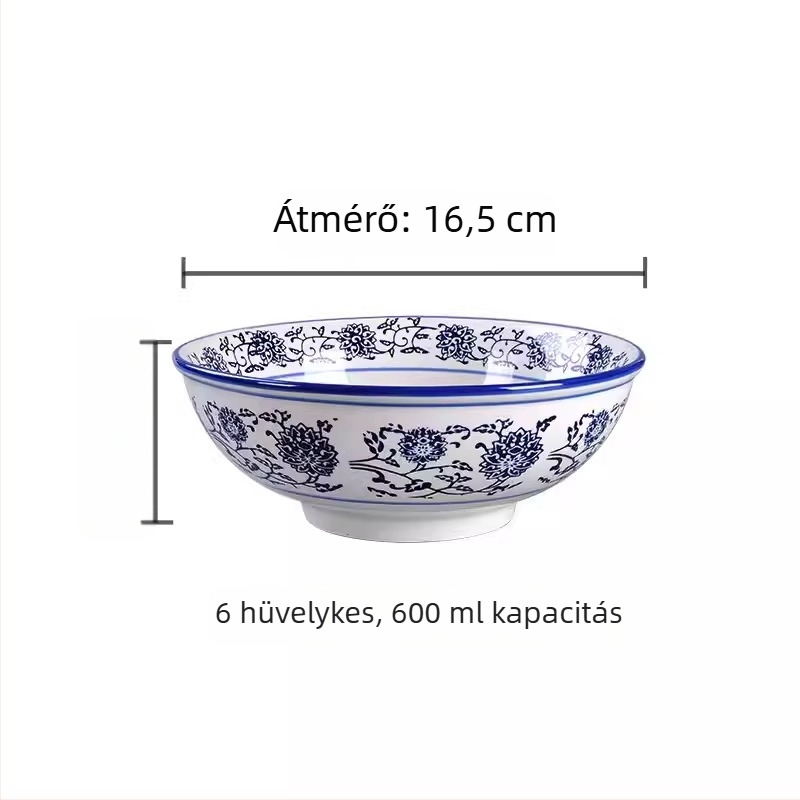 Kék-fehér porcelán mélytál, nagy kerámia tál ramenhez és nudlihoz, kínai retró stílus