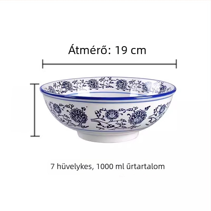 Kék-fehér porcelán mélytál, nagy kerámia tál ramenhez és nudlihoz, kínai retró stílus