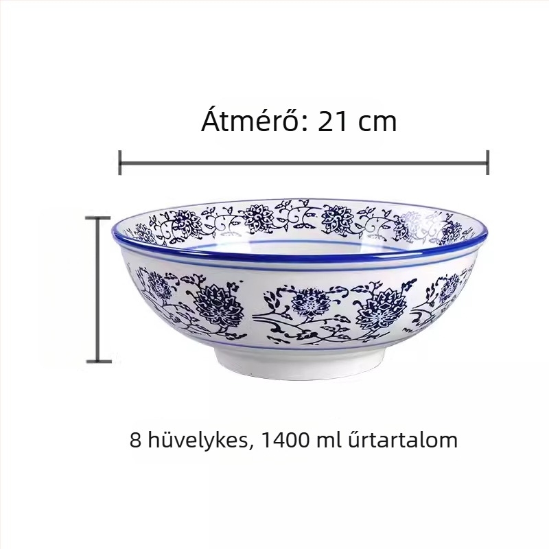 Kék-fehér porcelán mélytál, nagy kerámia tál ramenhez és nudlihoz, kínai retró stílus