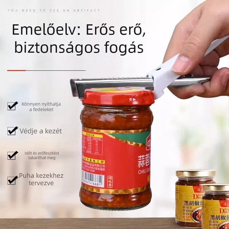 Erőfeszítés-mentes, univerzális konzerv- és üvegnyitó vastított kupakfogóval