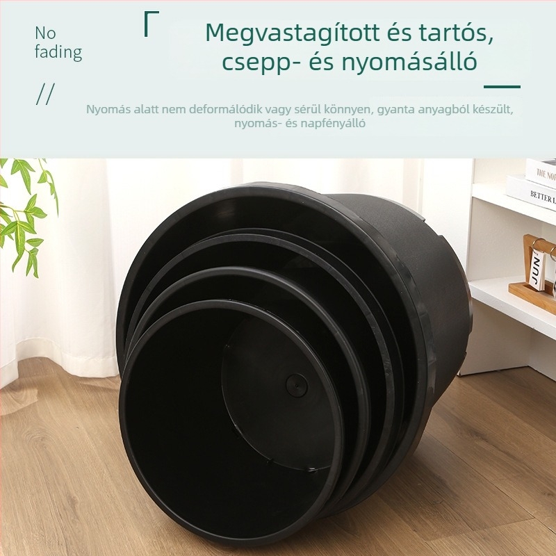Fekete kemény műanyag virágcserép, kerek szájú, nagy kapacitású gyümölcsfákhoz, rusztikus vastag kialakítás, több méretben