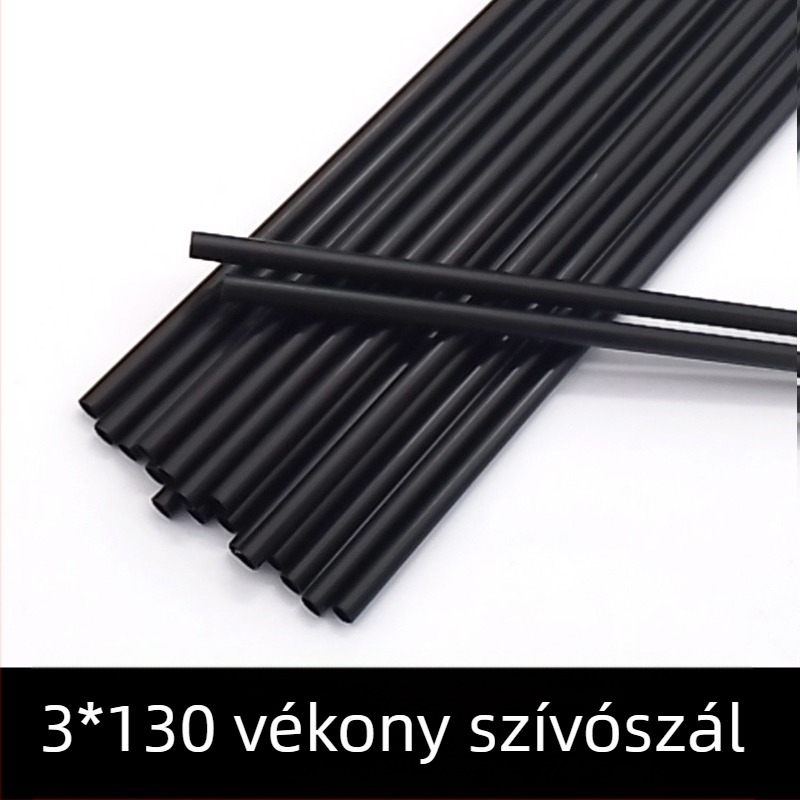 Fekete műanyag szívószál és kávékeverő, PP anyagú, 3 × 130 mm, egyenes cső koktél dekorációhoz