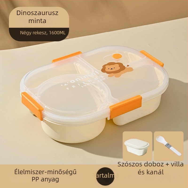 Iskolai osztott ebédes doboz, mikrohullámú sütőben használható, zárható, hordozható, négy rekesz, műanyag