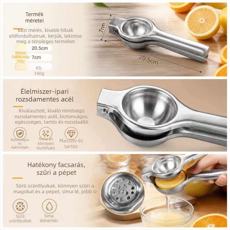 140 g rozsdamentes acél kézi citromfacsaró, háztartási használatra, narancslé prés, citromfacsaró, dobozban