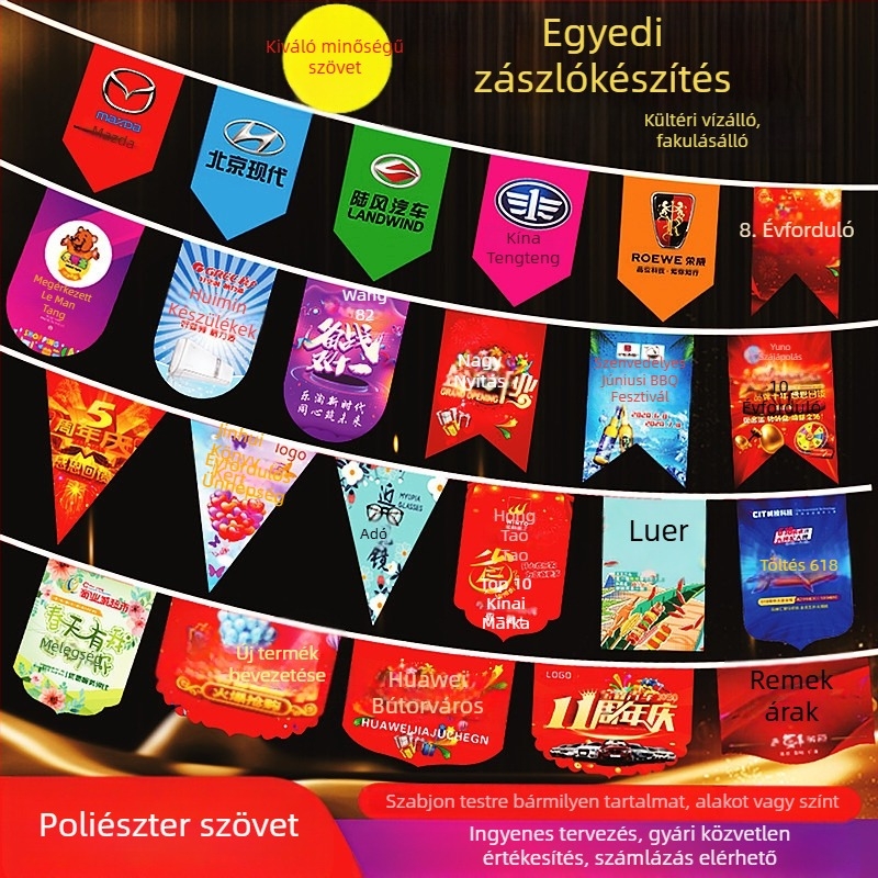 Egyedi háromszög bunting zászlók ünnepségekhez, kültéri vízálló poliészter zászlók nyitásokhoz és ünnepi dekorációhoz