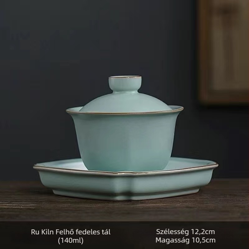 Celadon Ru-kiln sancai fedeles teás tál és csésze, kiváló Ru porcelán Gongfu tea készlet