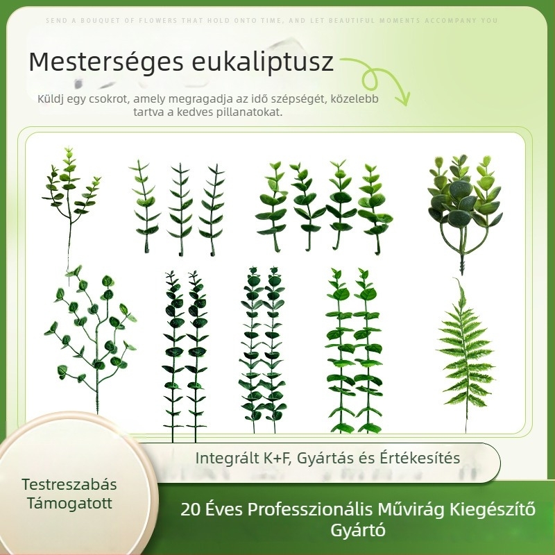 Műanyag eukaliptusz- és pénzfa levelei nappali- és étkező dekorációhoz, puha PVC, testreszabható