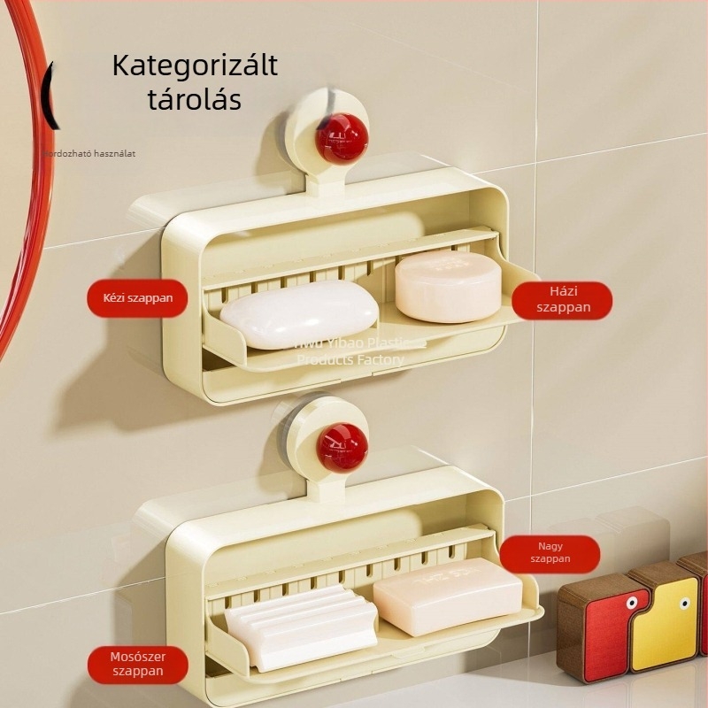 Szappantartó szívófejjel, falra szerelhető, fúrás nélkül, dönthető fedél, lefolyóval, fürdőszobai