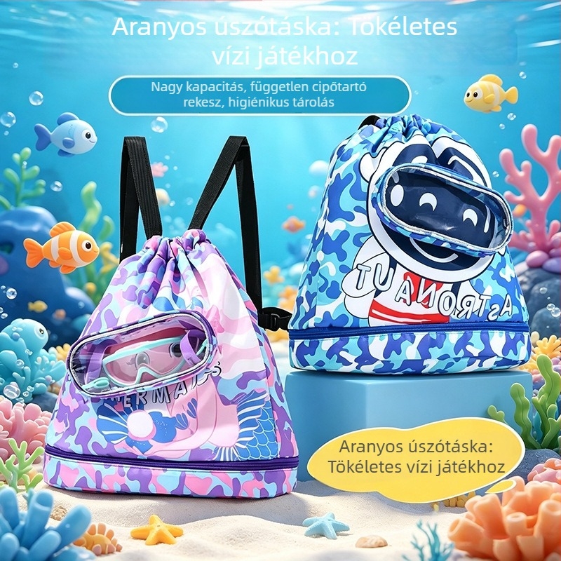 Gyerekeknek szóló vízálló strandtáska, száraz–nedves elválasztással és cipő rekeszével, könnyű hátizsák