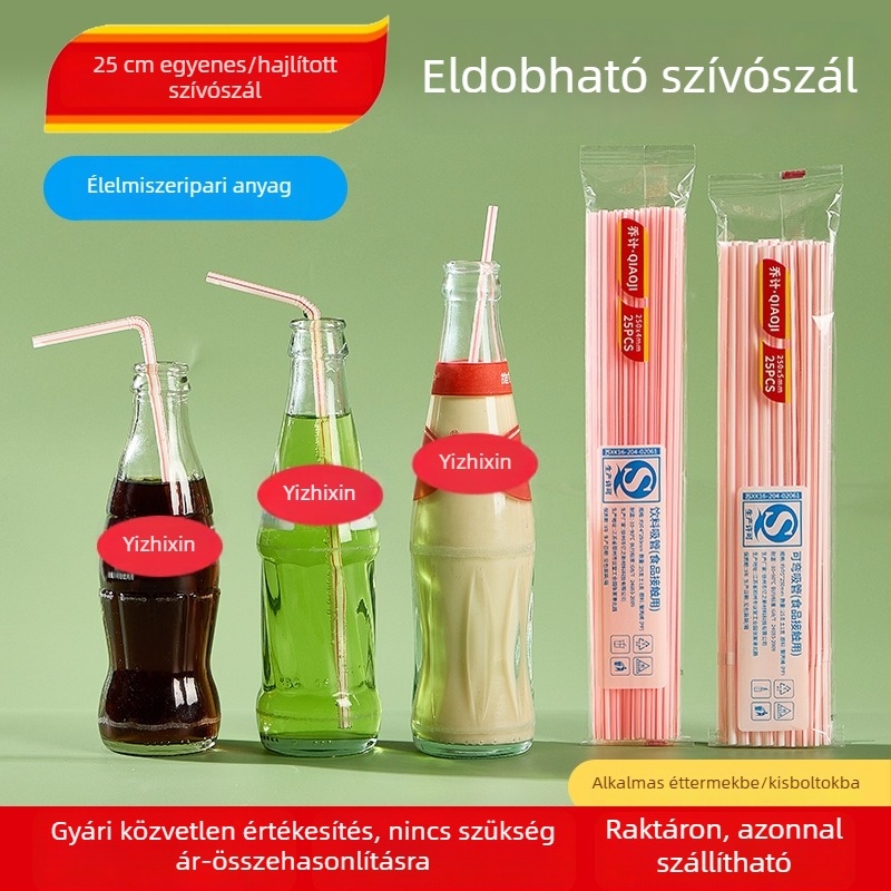 Kereskedelmi célú, egyszer használatos színes csíkos műanyag szívószál, hajlított véggel italokhoz — nagykereskedelem