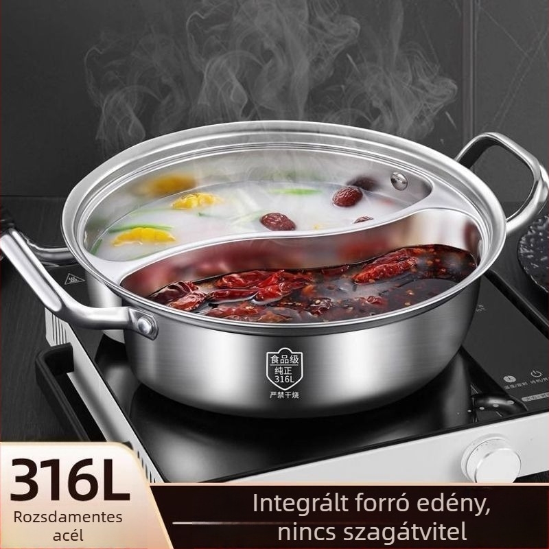 Élelmiszer-minőségű 316 rozsdamentes acélból készült kétkamrás hot pot, egyrészes kialakítás, alkalmas indukciós és gáztűzhelyhez.