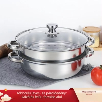 Rozsdamentes acél gőzölő 28 cm, megvastított kétszintes gőzölőedény, multifunkcionális fazék levesekhez és hot pot-hoz, indukciós tűzhelyhez kompatibilis, üvegfedő