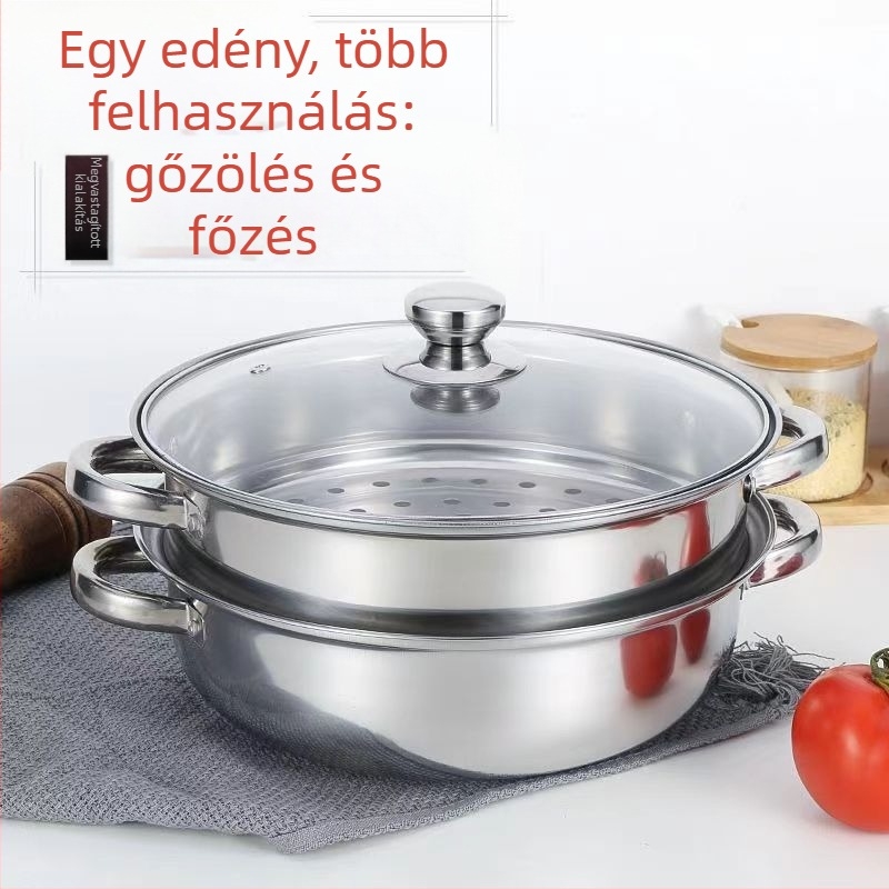 Rozsdamentes acél gőzölő 28 cm, megvastított kétszintes gőzölőedény, multifunkcionális fazék levesekhez és hot pot-hoz, indukciós tűzhelyhez kompatibilis, üvegfedő