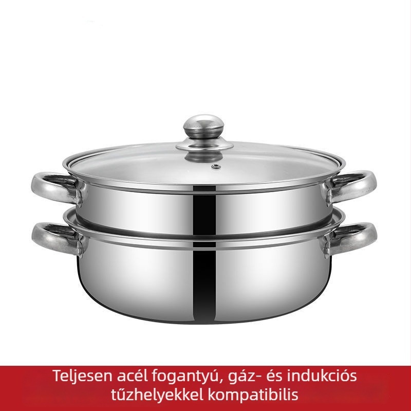 Rozsdamentes acél gőzölő 28 cm, megvastított kétszintes gőzölőedény, multifunkcionális fazék levesekhez és hot pot-hoz, indukciós tűzhelyhez kompatibilis, üvegfedő