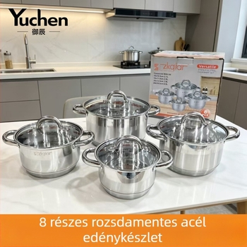 8 darabos rozsdamentes acél leveses lábas készlet, vastag alj, dupla fogantyúval, konyhai edények