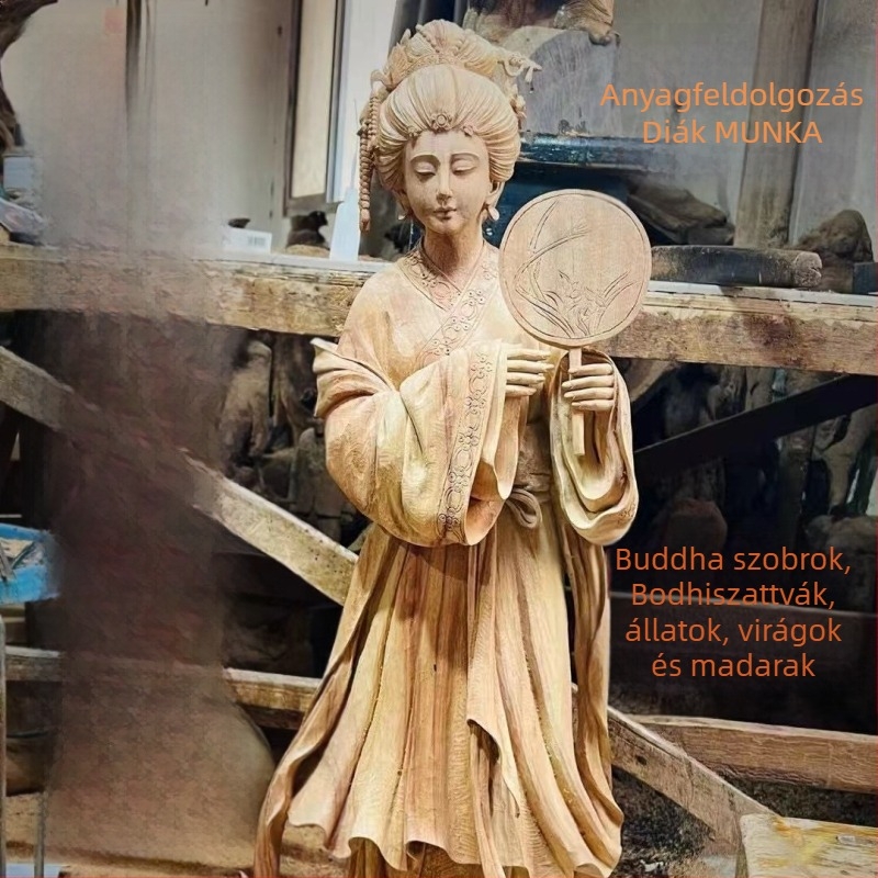 Fafaragott, festett isten-szobrok készlet: Buddha és Bodhisattva figurák, állatokkal, virágokkal és madarakkal – dísztárgyak