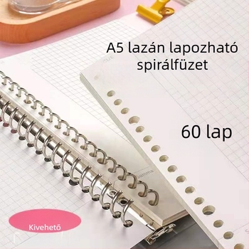 A5-ös notesz levehető betétekkel, vízszintes vonalas és rácsos rajzoldalakkal, spirálkötéssel