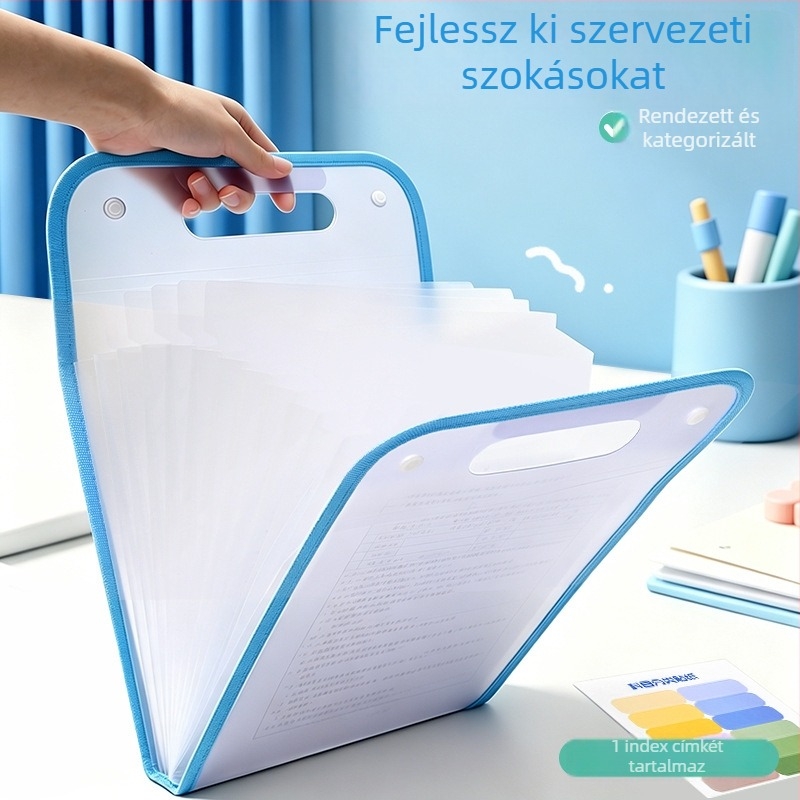 Hordozható akordeon fájl táska diákoknak és irodai dokumentumokhoz, 13 rekesz, méret 240×360 mm, PP anyag