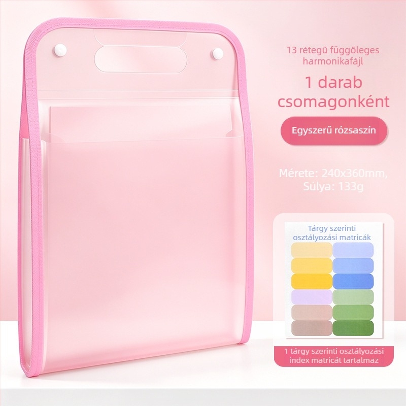 Hordozható akordeon fájl táska diákoknak és irodai dokumentumokhoz, 13 rekesz, méret 240×360 mm, PP anyag